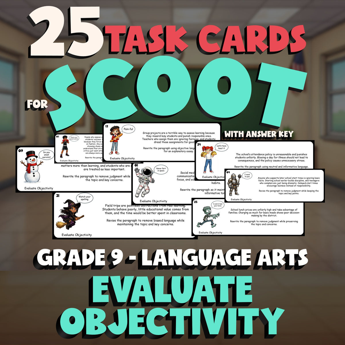 Evaluate Objectivity SCOOT TASK CARDS ELA Game - No Prep Grade 9 Review Activity