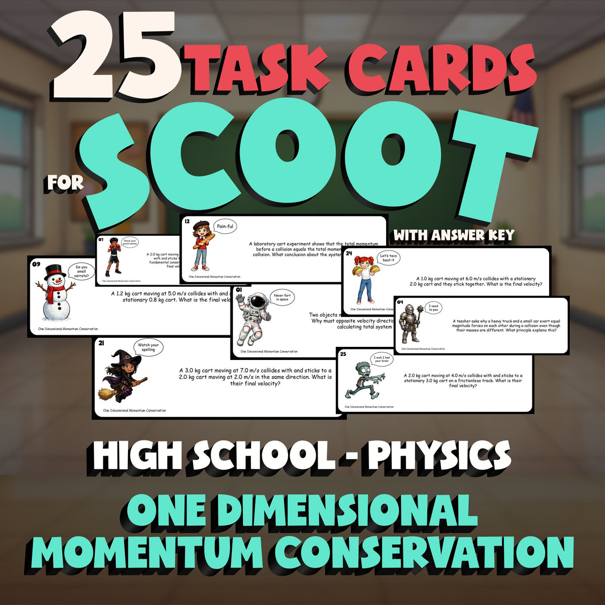 One Dimensional Momentum Conservation SCOOT TASK CARDS Science Game - Physics