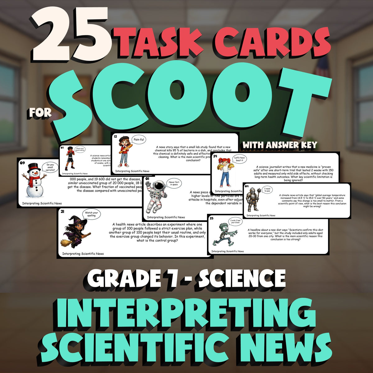 Interpreting Scientific News SCOOT TASK CARDS Science Game - No Prep Grade 7