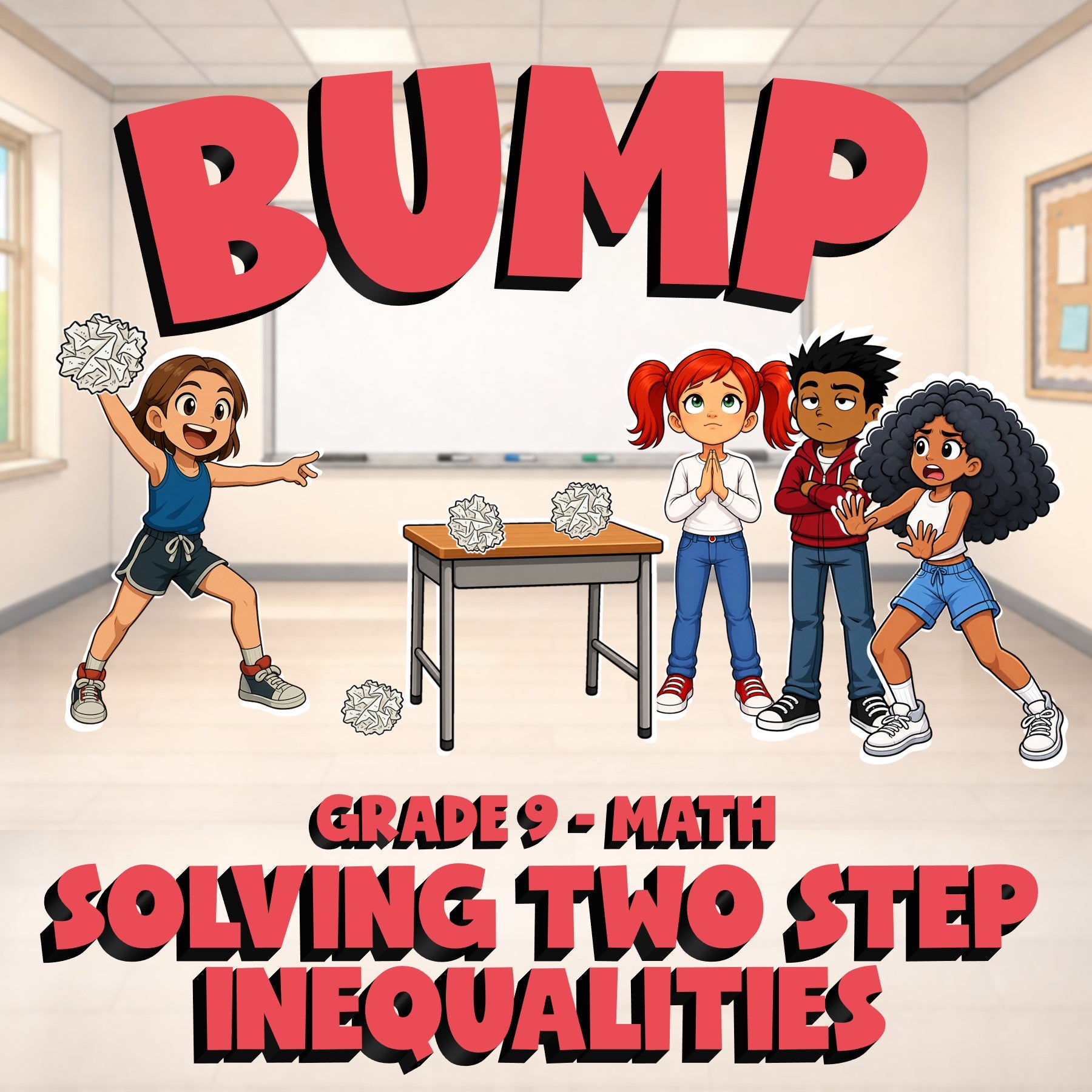 Solving Two Step Inequalities BUMP Math Game - No Prep Grade 9 Review Activity