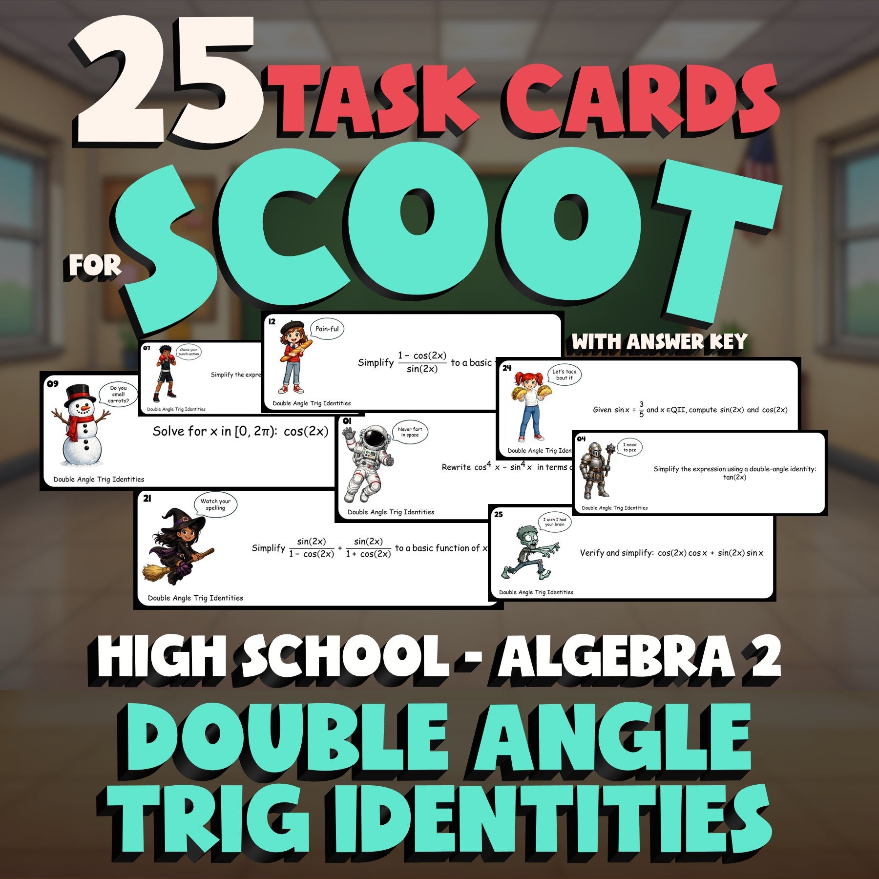 Double Angle Trig Identities SCOOT TASK CARDS Math Game - No Prep Algebra 2
