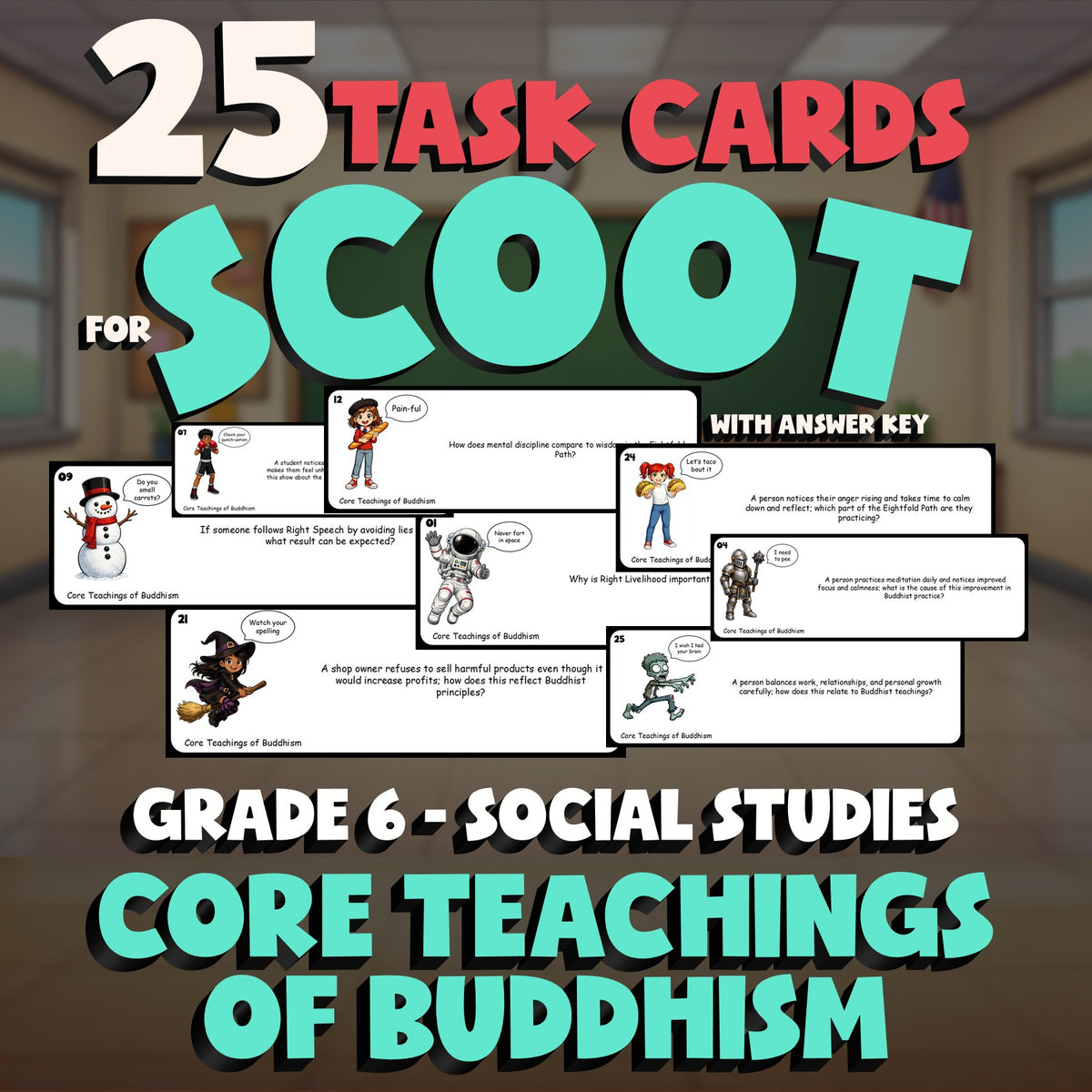 Core Teachings of Buddhism SCOOT TASK CARDS Socials Game - No Prep Grade 6