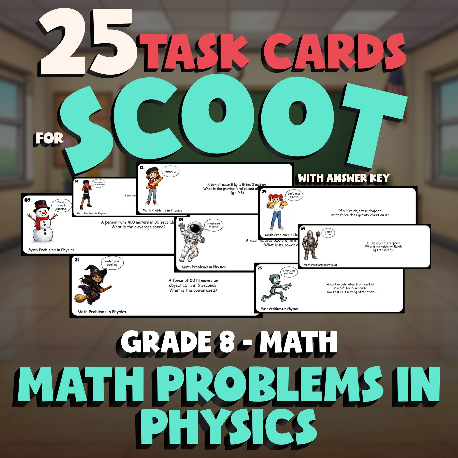 Math Problems in Physics SCOOT TASK CARDS Math Game - No Prep Grade 8 Review