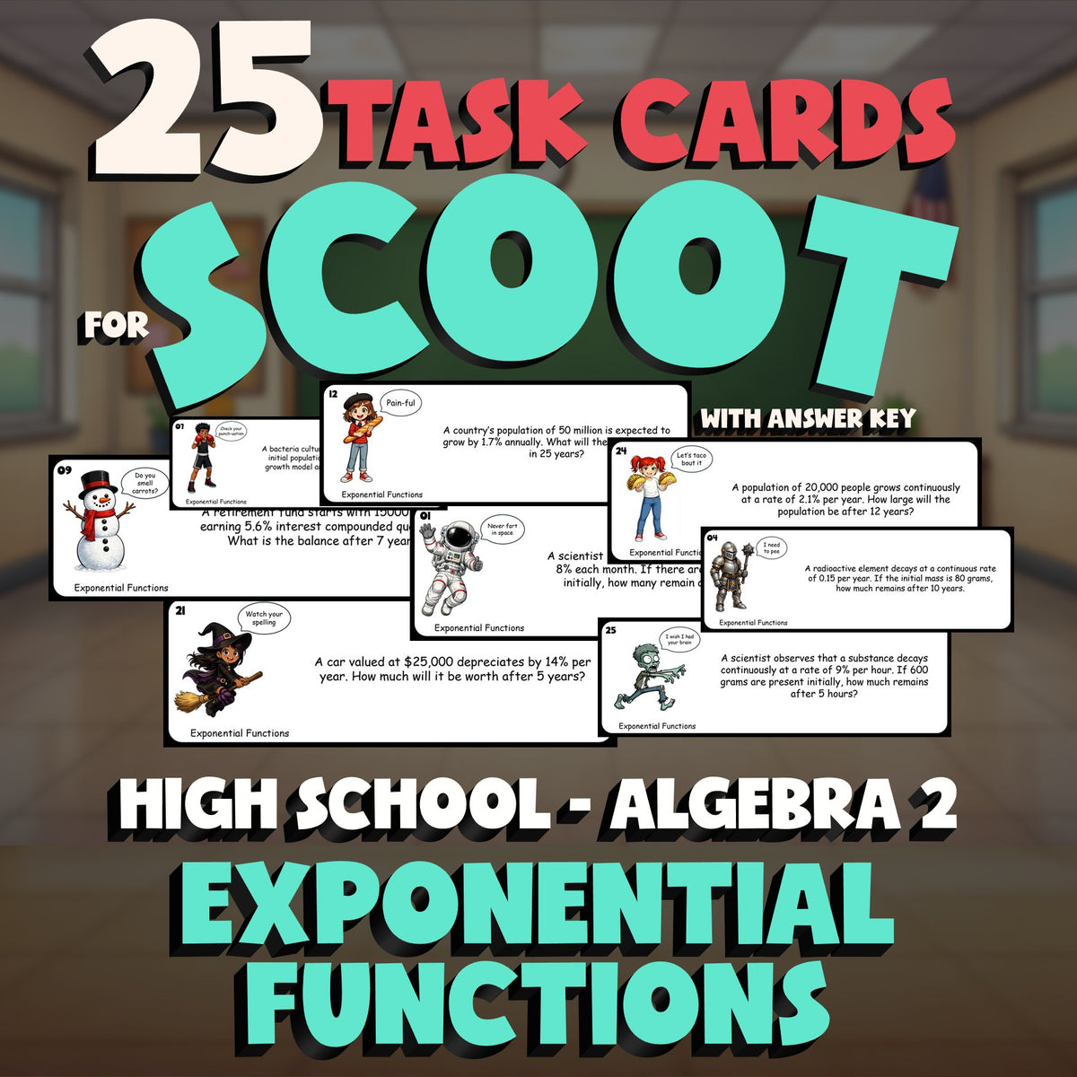Exponential Functions SCOOT TASK CARDS Math Game - No Prep Algebra 2 Review