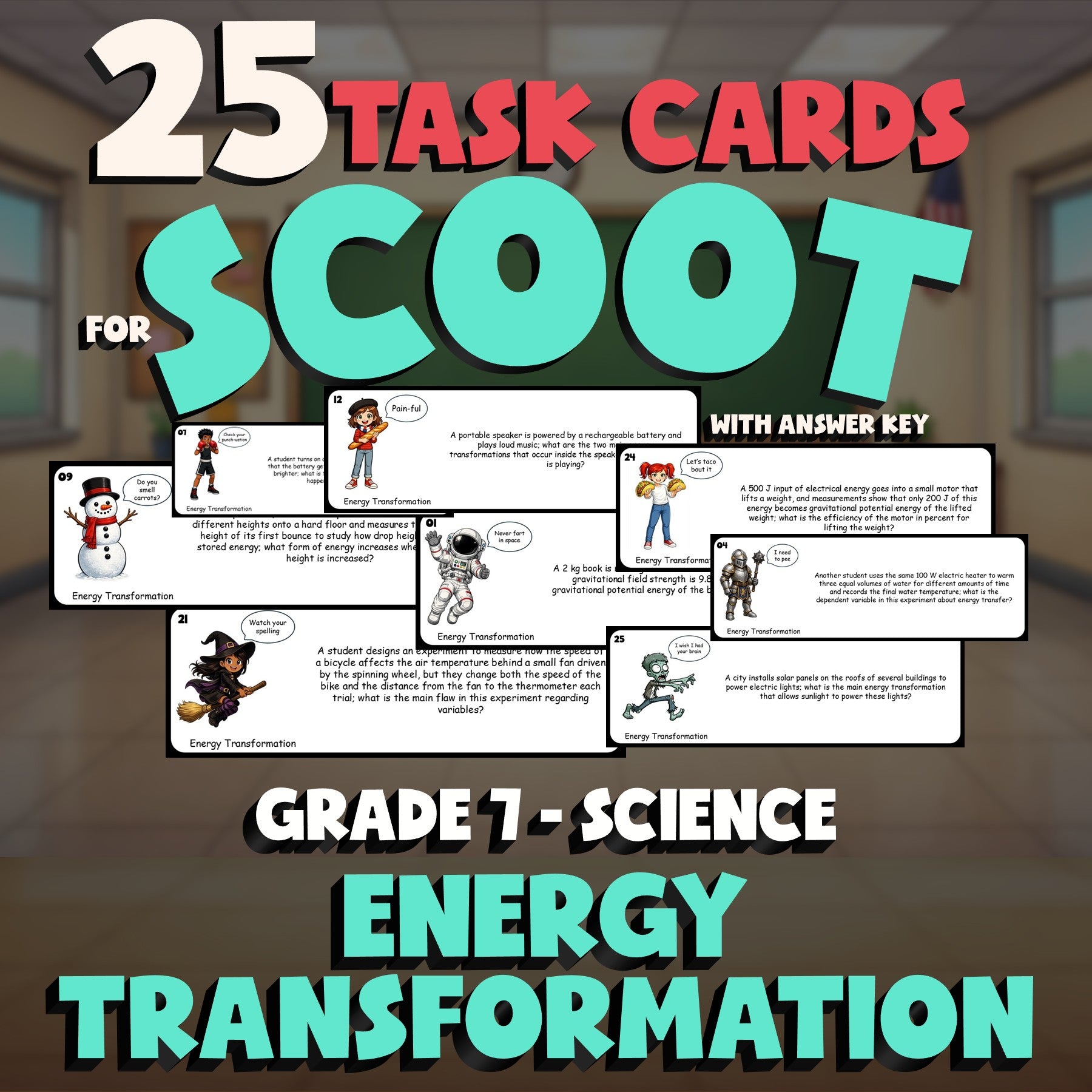 Energy Transformation SCOOT TASK CARDS Science Game - No Prep Grade 7 Review
