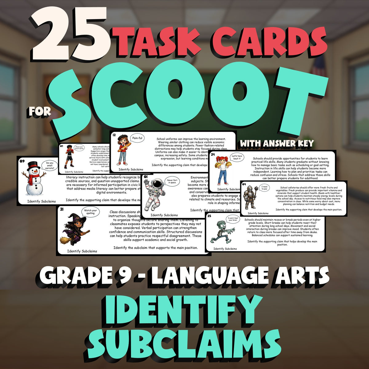 Identify Subclaims SCOOT TASK CARDS ELA Game - No Prep Grade 9 Review Activity