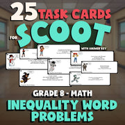 Inequality Word Problems SCOOT TASK CARDS Math Game - No Prep Grade 8 Review
