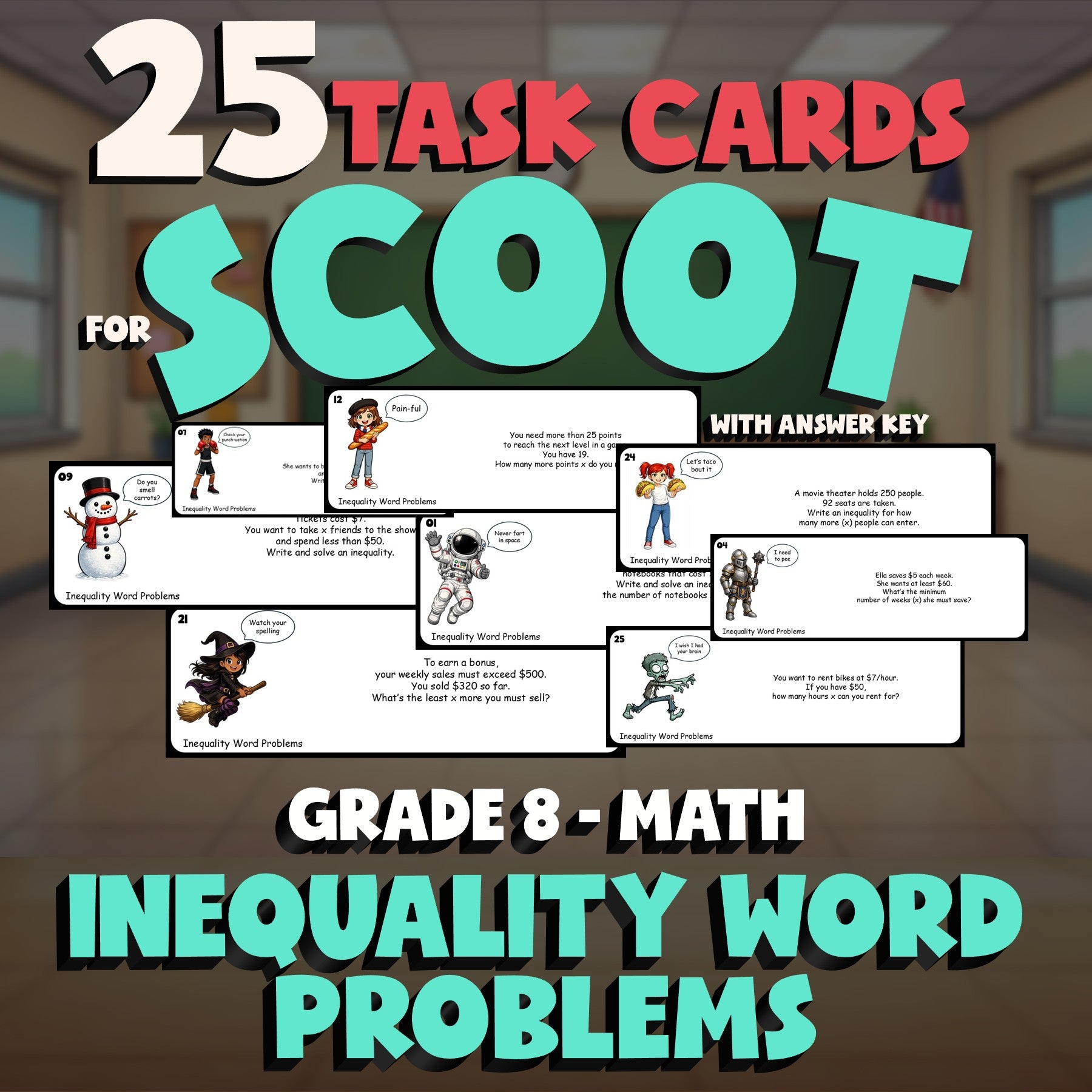 Inequality Word Problems SCOOT TASK CARDS Math Game - No Prep Grade 8 Review