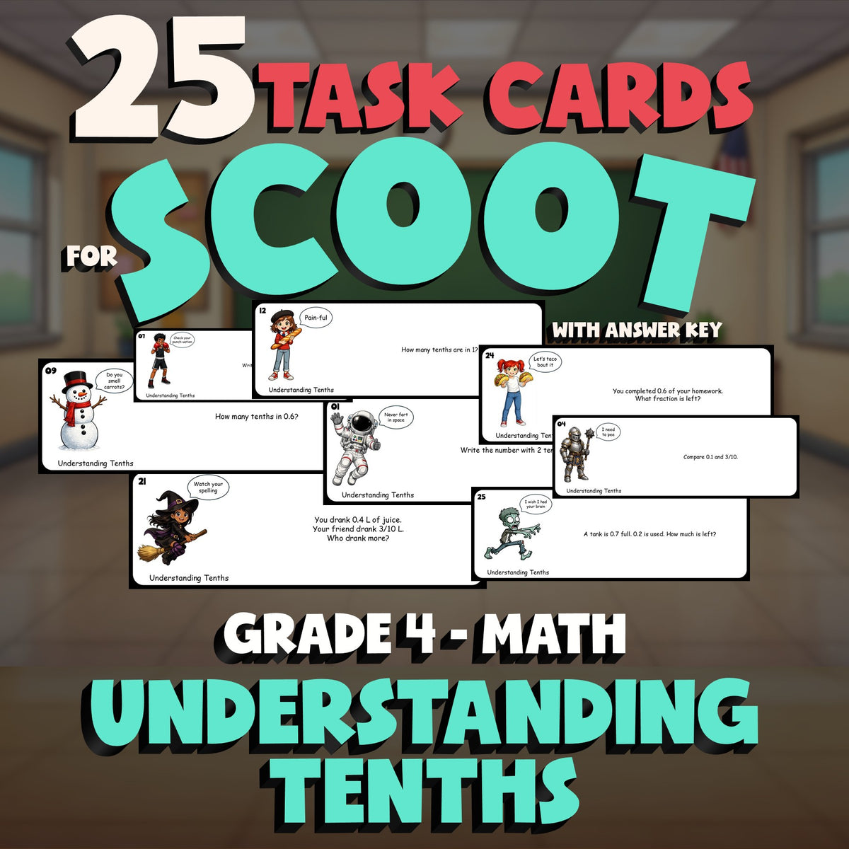 Understanding Tenths SCOOT TASK CARDS Math Game - No Prep Grade 4 Review
