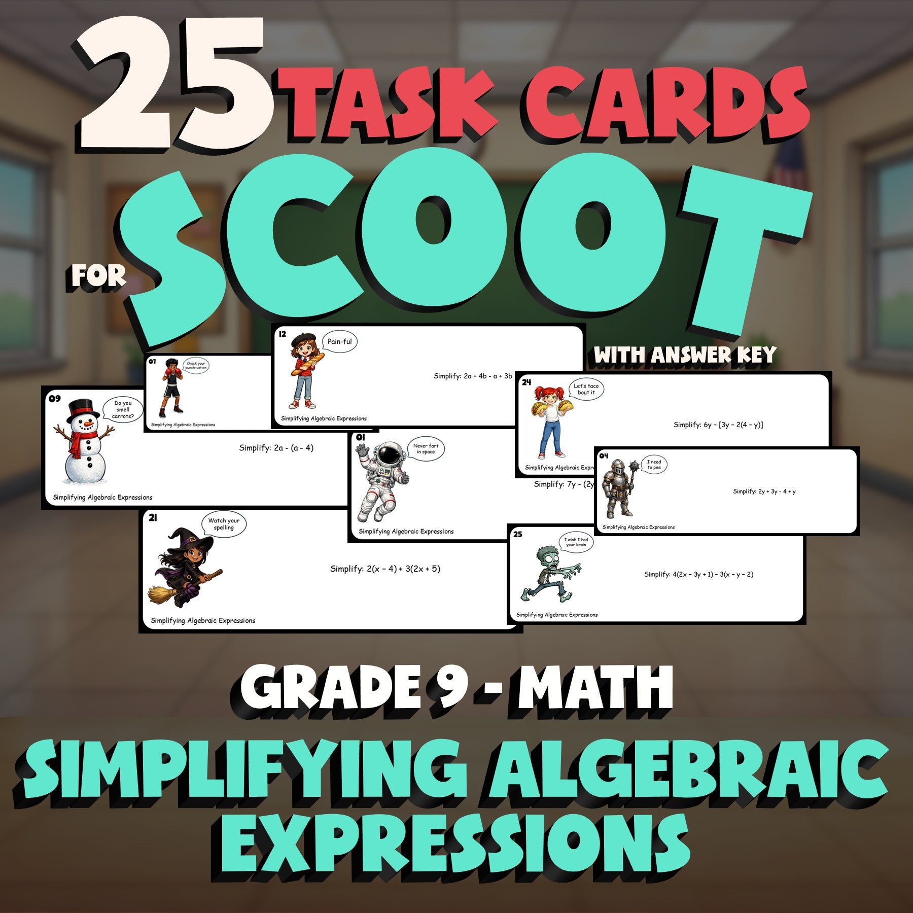 Simplifying Algebraic Expressions SCOOT TASK CARDS Math Game - No Prep Grade 9