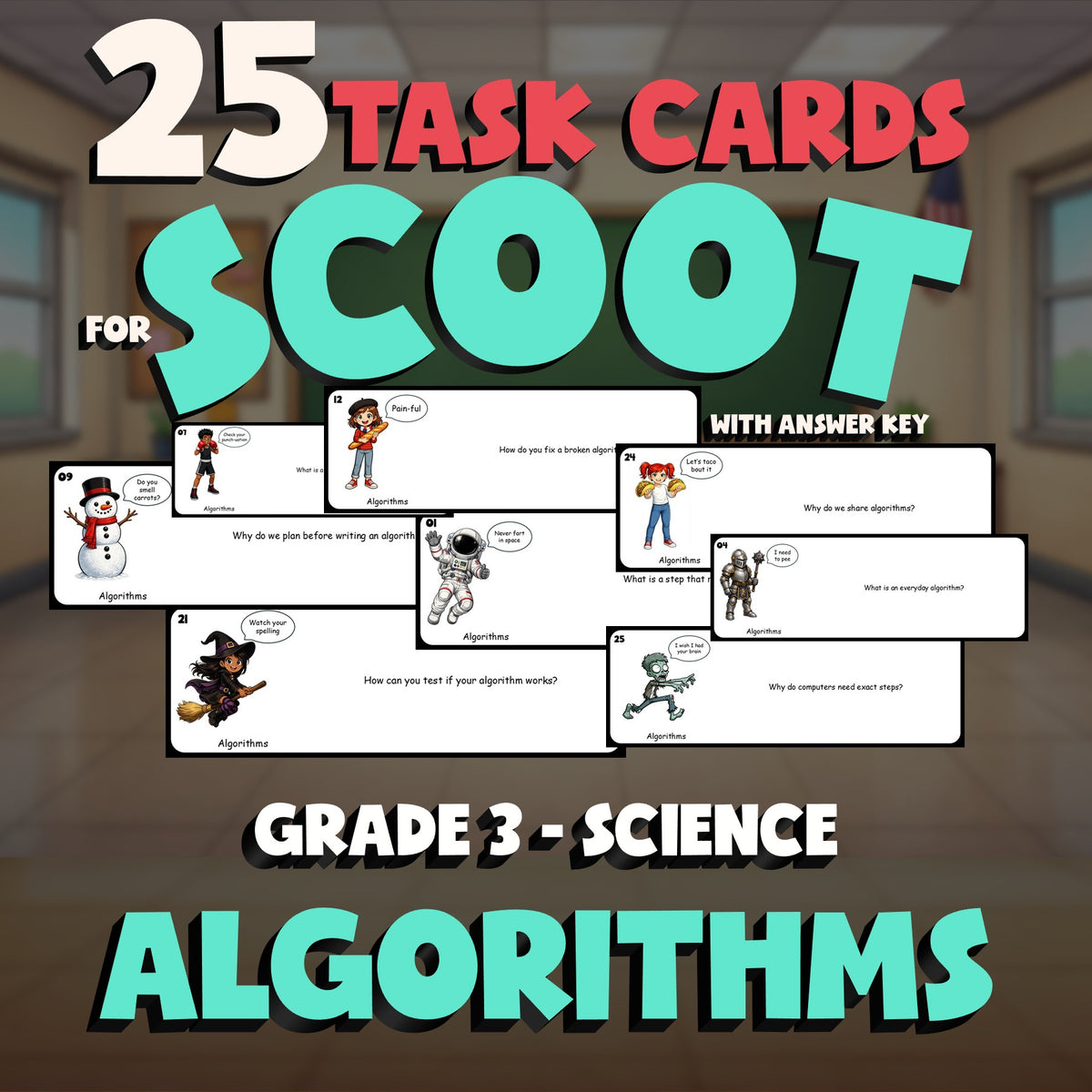 Algorithms SCOOT TASK CARDS Science Game - No Prep Grade 3 Review Activity