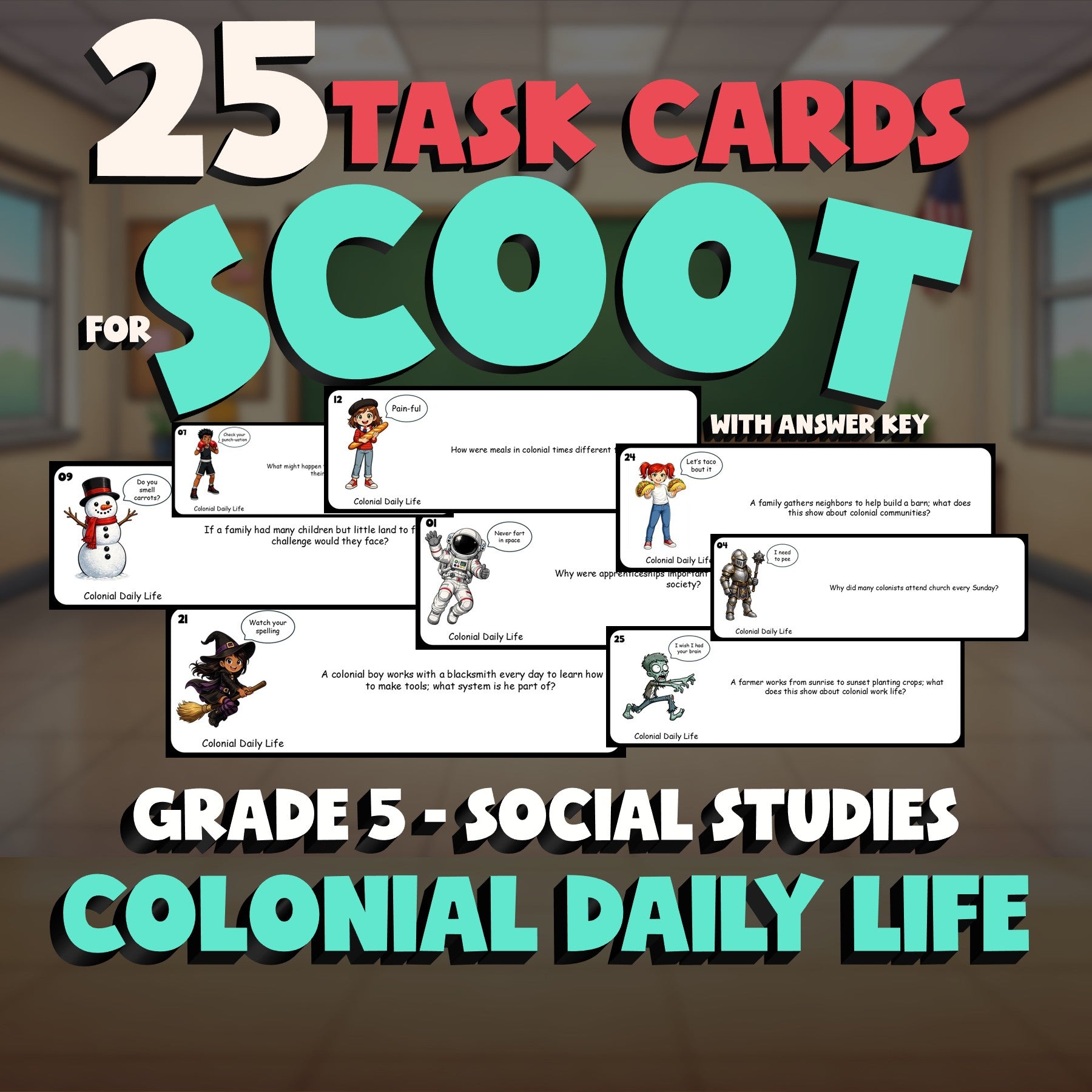 Colonial Daily Life SCOOT TASK CARDS Socials Game - No Prep Grade 5 Review