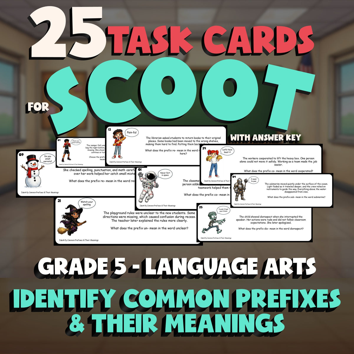 Identify Common Prefixes & Their Meanings SCOOT TASK CARDS ELA Game - Grade 5